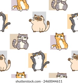 Seamless Pattern with Cartoon Cat Design on White Background 