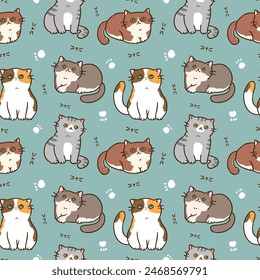 Seamless Pattern with Cartoon Cat Design on Green Background