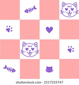 Seamless Pattern of Cartoon Cat Design,  Hand Drawn Cartoon Cat Characters.Good for fabric, textile