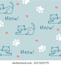 Patrón inconsútil del diseño del gato de la historieta, personajes dibujados a mano del gato de la historieta. Bueno para la tela, materia textil