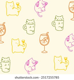 Seamless Pattern of Cartoon Cat Design,  Hand Drawn Cartoon Cat Characters.Good for fabric, textile