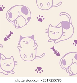Seamless Pattern of Cartoon Cat Design,  Hand Drawn Cartoon Cat Characters.Good for fabric, textile