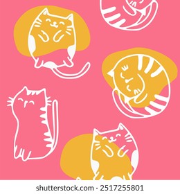 Seamless Pattern of Cartoon Cat Design,  Hand Drawn Cartoon Cat Characters.Good for fabric, textile