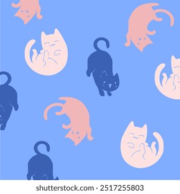 Seamless Pattern of Cartoon Cat Design,  Hand Drawn Cartoon Cat Characters.Good for fabric, textile