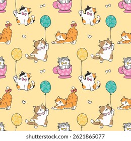 Padrão contínuo com desenho de gato de desenho animado no fundo amarelo. Ilustração de vetor desenhada à mão. Não gerado IA.