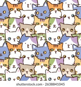 Seamless Pattern of Cartoon Cat Design. Hand Drawn Vector Illustration. Not AI Generated.