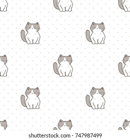 Seamless Pattern of Cartoon Cat Design on White Background with Dots