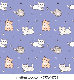 Seamless Pattern of Cartoon Cat Design on Blue Violet Background