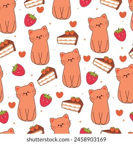 seamless pattern cartoon cat with dessert and strawberry. cute animal wallpaper illustration for gift wrap paper