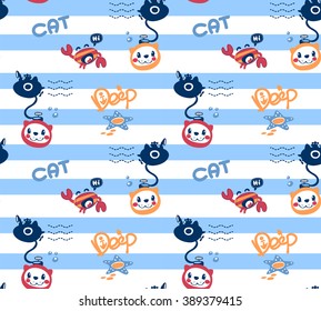 Seamless pattern, cartoon a cat diving with crab under deep water on blue and white lined background illustration vector.