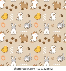 Seamless Pattern with Cartoon Cat, Dog, Duck and Rabbit Illustration Design on Light Brown Background