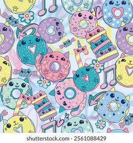 Seamless pattern with cartoon cat donuts in kawaii style on dots background. Unicorn Kittens donut. Funny girlish print for textile, wraping paper