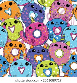 Seamless pattern with cartoon cat donuts in kawaii style on dots background. Unicorn Kittens donut. Funny girlish print for textile, wraping paper