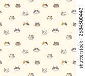 Seamless Pattern with Cartoon Cat Face Design on Light Yellow Background. Hand Drawn Vector Illustration. Not AI Generated.