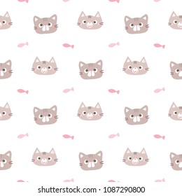 Seamless Pattern of Cartoon Cat Face Design on White Background