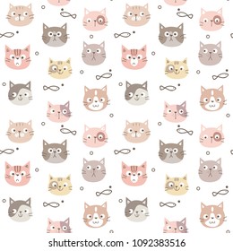 Seamless Pattern of Cartoon Cat Face Design on White Background