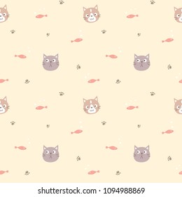 Seamless Pattern of Cartoon Cat Face, Fish and Paw Design on Yellow Background