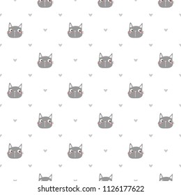 Seamless Pattern of Cartoon Cat Face and Heart Design on White Background