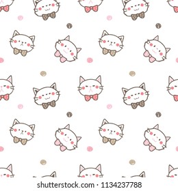 Seamless Pattern of Cartoon Cat Face and Dot Design on White Background