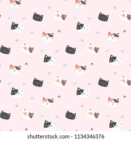 Seamless Pattern of Cartoon Cat Face Design on Pink Background