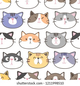 Seamless Pattern with Cartoon Cat Face Design on White Background
