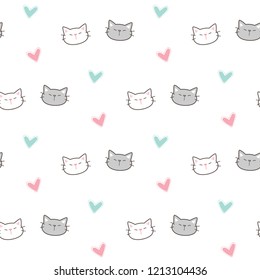 Seamless Pattern with Cartoon Cat Face and Heart Illustration Design on White Background