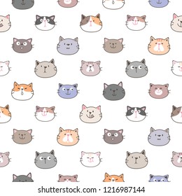 Seamless Pattern with Cartoon Cat Face Design on White Background