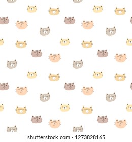 Seamless Pattern of Cartoon Cat Face Design on White Background