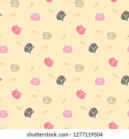 Seamless Pattern of Cartoon Cat Face Design on Yellow Background