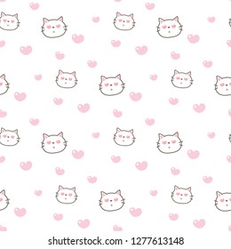 Seamless Pattern of Cartoon Cat Face and Heart Design on White Background
