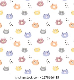 Seamless Pattern of Cartoon Cat Face Design on White Background