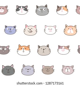 Seamless Pattern of Cartoon Cat Face Design on White Background