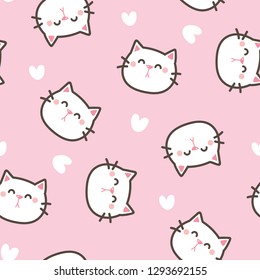 Seamless Pattern of Cartoon Cat Face Design on Pink Background with Hearts