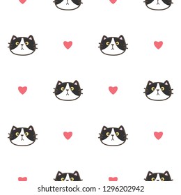 Seamless Pattern of Cartoon Cat Face and Heart on White Background