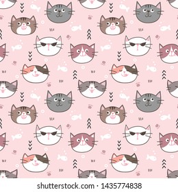 Seamless Pattern of Cartoon Cat Face Design on Pink Background