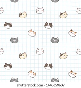 Seamless Pattern of Cartoon Cat Face Design on White Background with Blue Lines