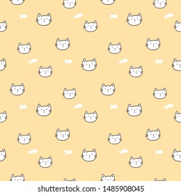 Seamless Pattern of Cartoon Cat Face on Yellow Background
