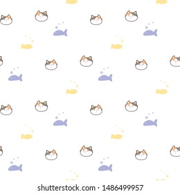 Seamless Pattern of Cartoon Cat Face and Fish Design on White Background