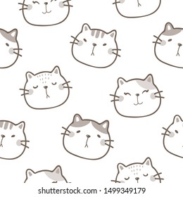 Seamless Pattern with Cartoon Cat Face Doodle Design on White Background