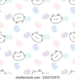 Seamless Pattern of Cartoon Cat Face Design on White Background