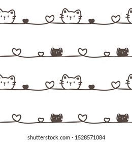 Seamless Pattern with Cartoon Cat Face, Wavy Line and Heart Design on White Background