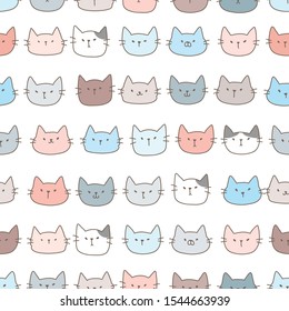 Seamless Pattern with Cartoon Cat Face Design on White Background