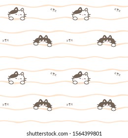 Seamless Pattern of Cartoon Cat Face and Wavy Line Design on White Background