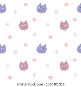 Seamless Pattern with Cartoon Cat Face, Paw and Flower Design on White Background