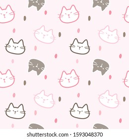 Seamless Pattern with Cartoon Cat Face Design on Light Pink Background