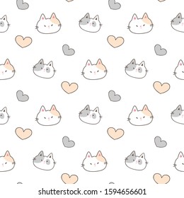 Seamless Pattern with Cartoon Cat Face and Heart Design on White Background