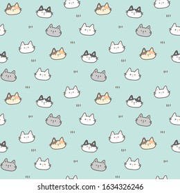 Seamless Pattern of Cartoon Cat Face Design on Green Background