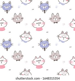 Seamless Pattern with Cartoon Cat Face Design on White Background