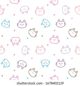 Seamless Pattern of Cartoon Cat Face and Heart Design on White Background