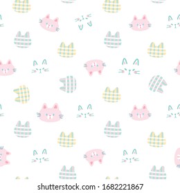 Seamless Pattern of Cartoon Cat Face Design on White Background